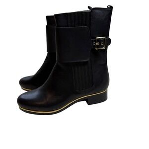 Black Leather Ankle Boots Gold Buckle Zip Side Elastic Ankle Booties Size 75B